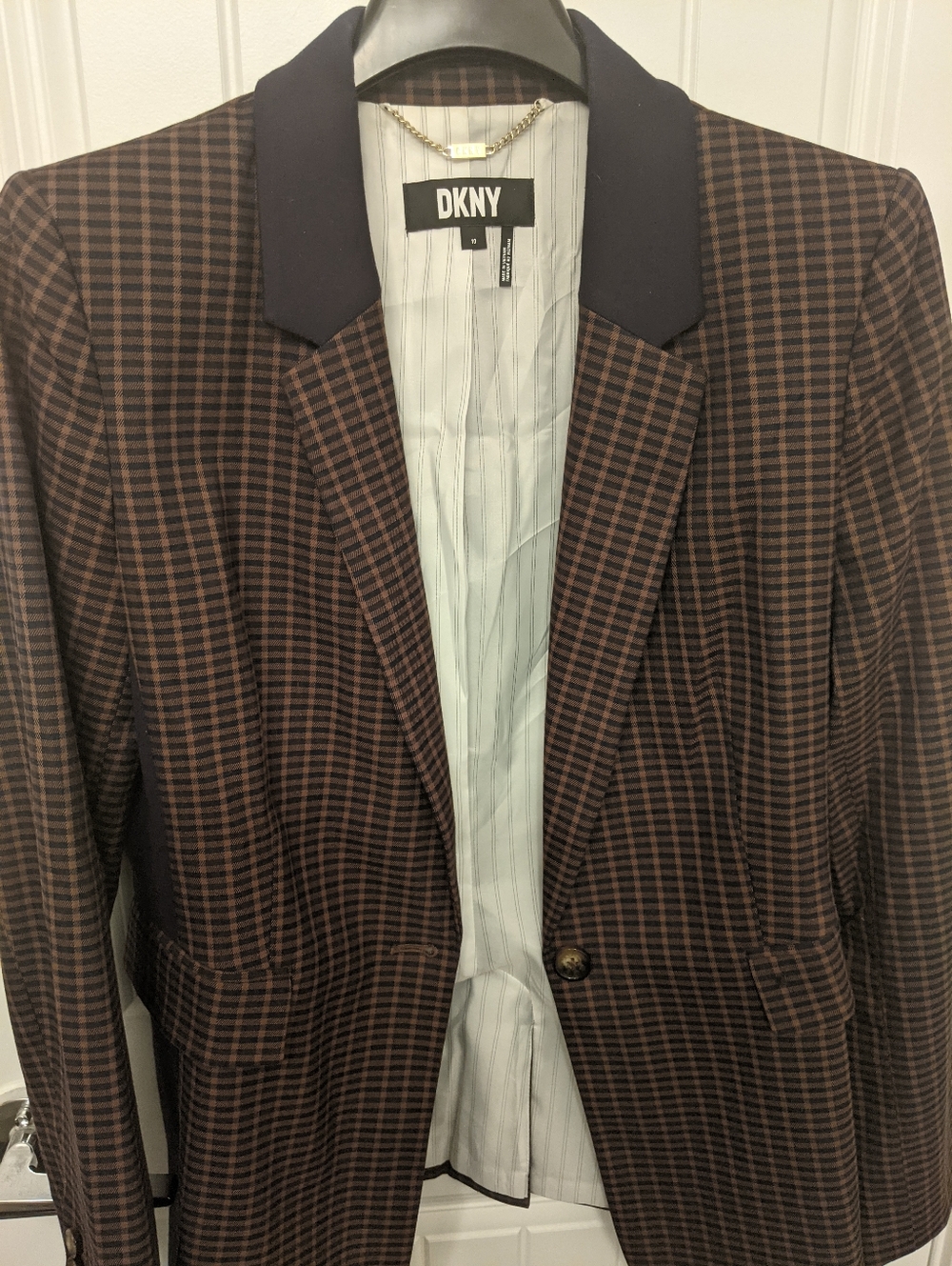 DKNY Women's Brown & Navy Checked Blazer - Picture 2 of 8